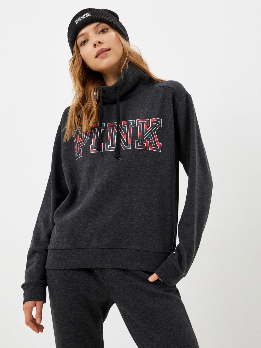 PINK Victoria's Secret Charcoal Funnel Neck Sweatshirt with Red Logo